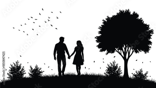 Couple walking hand in hand in nature silhouette 