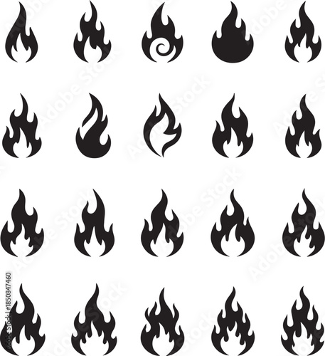 An energetic collection of twenty minimalist fire icons and flame silhouettes arranged in a clean grid pattern