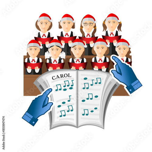 A conductor's hands in front of sheet music. The choir consists of two rows of women in christmas hats sing Carols, isolated on a white background. Vector Flat Christmas illustration 