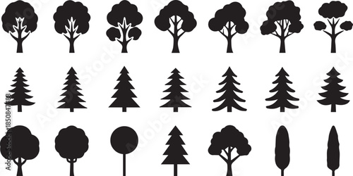 Collection of black and white tree silhouettes in minimalist style evoking a serene mood