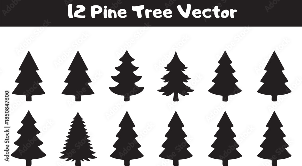 Obraz premium Collection of 12 Pine Tree Vectors in Minimalist Style Conveying Serene Mood