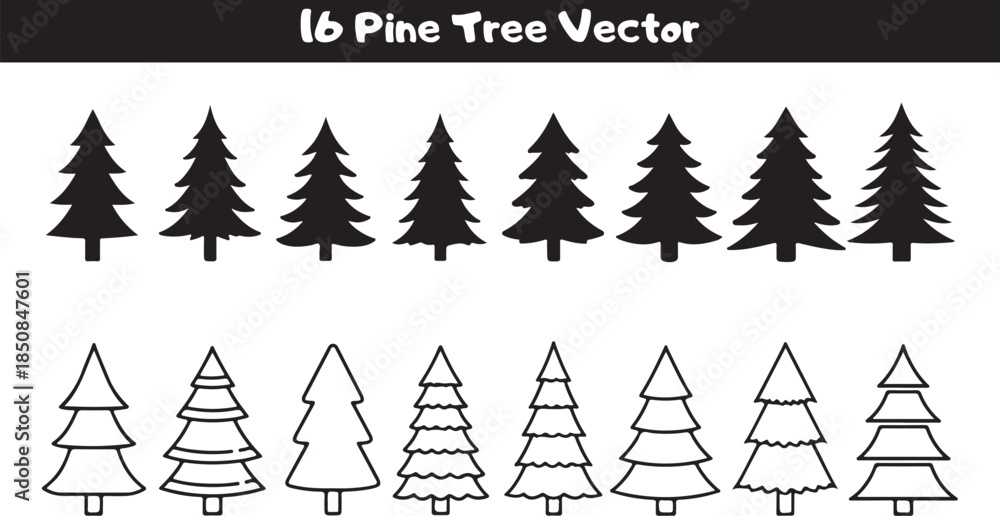 Obraz premium Collection of 16 Pine Tree Vectors in Minimalist Style Conveying Serene Mood