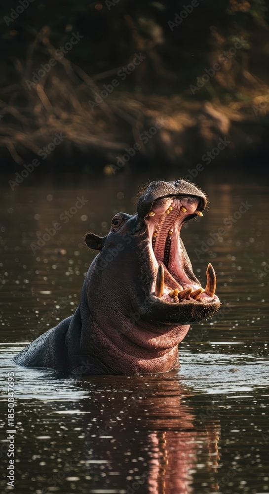 Fototapeta premium A massive African hippopotamus is mostly submerged in muddy river water, showing its huge head and powerful jaw, enjoying the wetland environment, skin, nature, environment