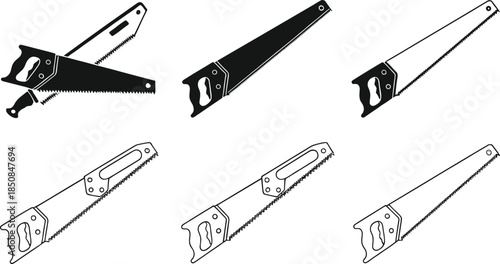 Set of hand saw vector icons featuring various woodworking tools in solid silhouette and outline styles for carpentry construction and home improvement branding