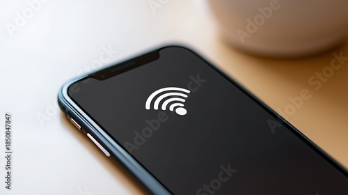 Sleek smartphone displaying a robust WiFi connection on its screen, symbolizing seamless digital connectivity and a connected lifestyle in the modern tech era.