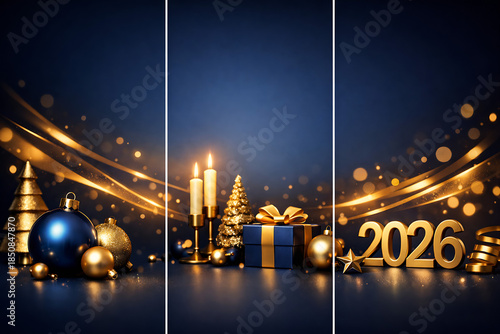 Happy New Year 2026 and Merry Christmas blue dark and gold social media backgrounds with fireworks - Templates for square, portrait posts and etc.
