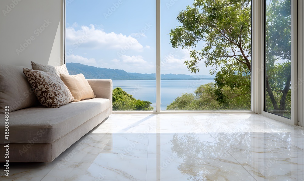 Fototapeta premium white marble floor, lake view through large windows, sofa in the foreground, minimalist interior design style