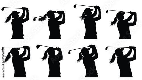 Female golfer swing sequence silhouettes 