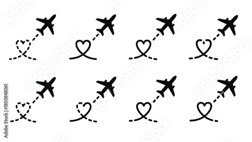 Airplane heart path icons repeating seamless pattern 