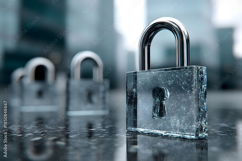 Fototapeta premium Security Concept: Modern Padlocks on Reflective Surface for Digital Protection Design