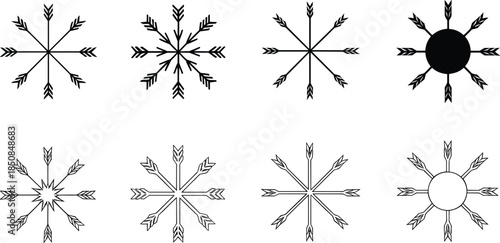 Set of 8 radial arrow icons featuring feathered directional symbols in circular starburst and compass rose arrangements for navigation and creative design