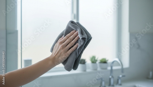 グレーの布で窓ガラスを拭き掃除する手元の清潔な家事ライフスタイルシーン