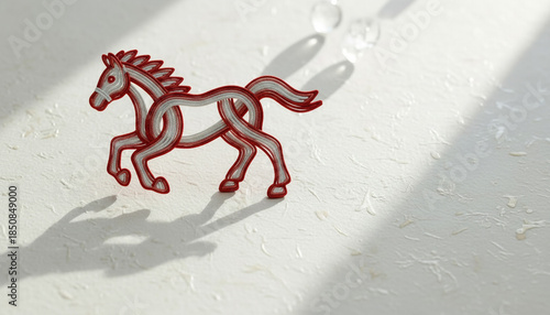 白い背景に置かれた紅白の水引で作られた走る馬の正月飾りの伝統工芸品