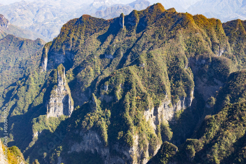 Tianmen Mountain with its pierced rock above the city of Zhangjiajie in Hunan, China.