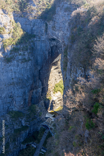 Tianmen Mountain with its pierced rock above the city of Zhangjiajie in Hunan, China.