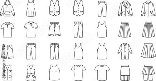 Set of 28 clothing icons featuring casual and formal apparel including hoodies dresses vests trousers and shirts for fashion retail and e-commerce branding