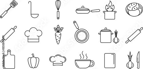 Collection of black outline line icons representing various kitchen tools cooking utensils and fresh food ingredients