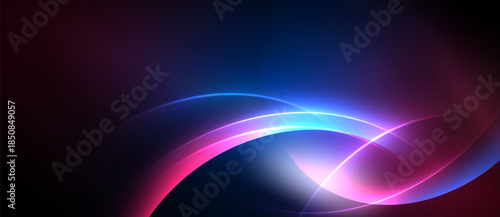 Abstract background features vibrant curves, blending pink, blue hues. Light radiates from central point, creating dynamic visual effect.