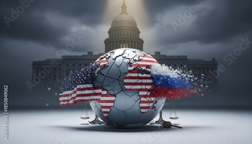 world map earth globe with all country flags on white background dramatic shadowed parliament legal building symbolic global politics justice high quality 4K