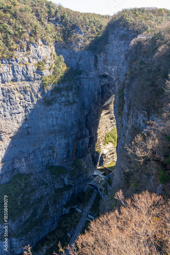 Tianmen Mountain with its pierced rock above the city of Zhangjiajie in Hunan, China.