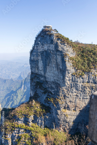Tianmen Mountain with its pierced rock above the city of Zhangjiajie in Hunan, China.
