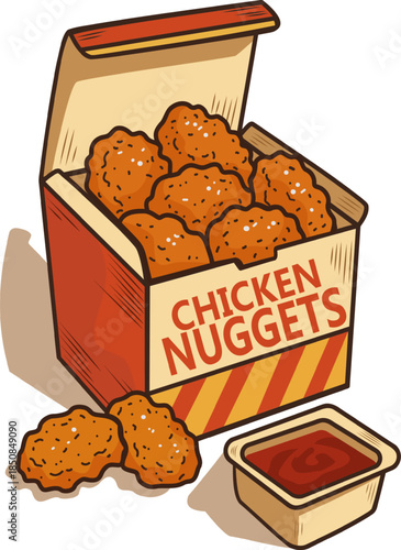 Chicken Nuggets in Box with Sauce Flat Vector Illustration