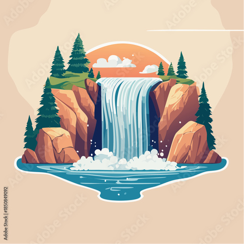 Cartoon illustration of a waterfall cascading down a rocky cliff surrounded by trees and a serene landscape.