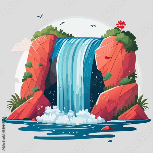 Illustration of a waterfall cascading between red rocks into a pool of water.