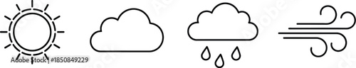 Simple black line icons representing sun cloud cloudy rain and windy weather conditions for forecasting