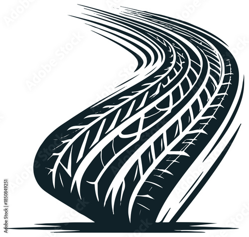 A striking black tire tread swirl forms a stylized curve, suggesting movement, speed, and automotive energy. Ideal for travel, performance, road safety, and dynamic design.