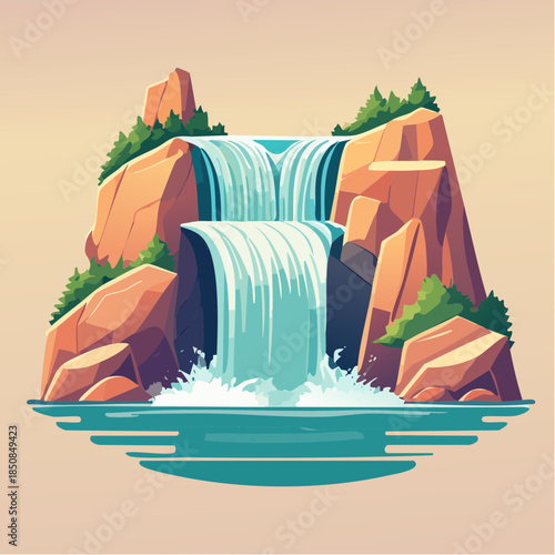 Stylized cartoon illustration of a two-tiered waterfall cascading into a pool of water.