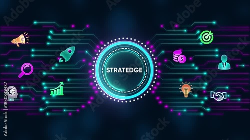 Stratedge Digital Network with Business Icons and Circuit Board Design Keywords: stratedge, digital, network, technology, business, icons, circuit board, innovation, strategy, growth, ideas