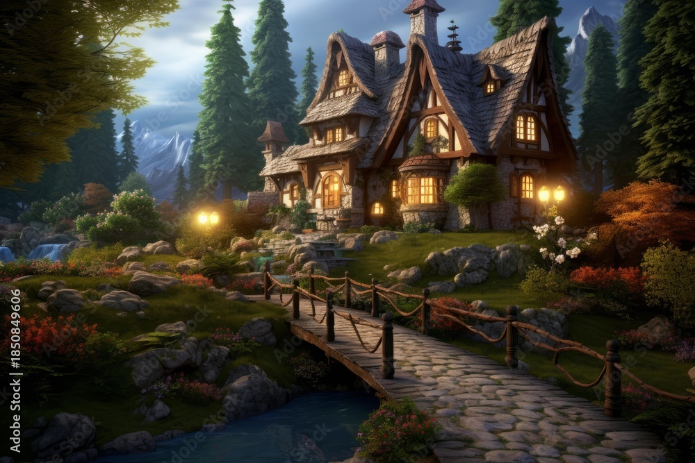 Obraz premium Charming cottage nestled in a serene forest setting, with a stone bridge crossing a gentle stream, evokes a sense of tranquility and magic