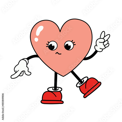 Groovy comic heart mascot. Сomic character with gloved hands and boots