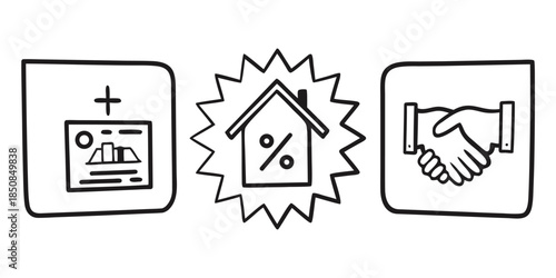 A house with a percentage sign, a handshake, and a document with a plus sign represent the process of buying or selling a home and securing a mortgage.