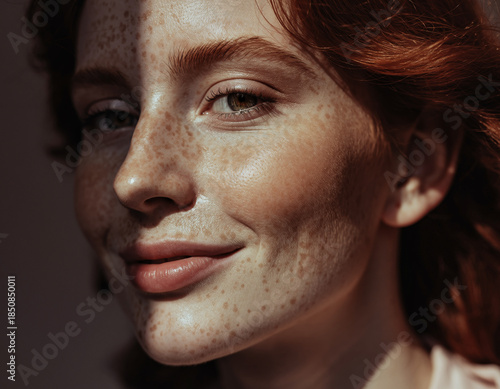 Close-Up Portrait of Smiling Woman with Freckles in Soft Light