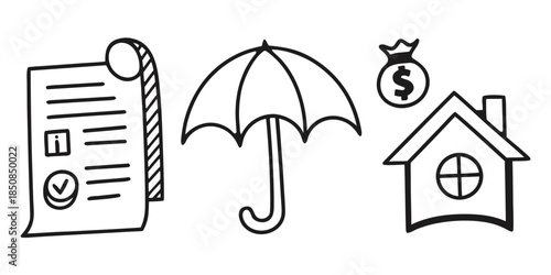 A contract document, an umbrella, and a house with a money bag represent the concept of home insurance and financial security.