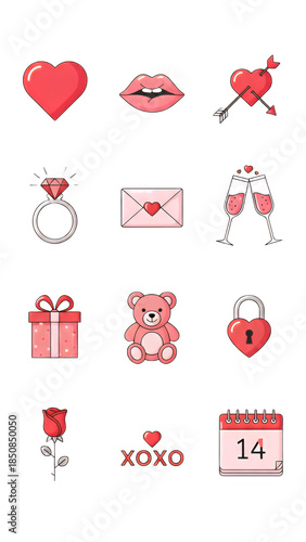 Valentine's Day icons and symbols for love and romance on black background