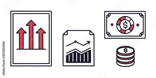 A collection of financial icons including a bar chart, a line graph, a banknote with a poker chip, and a stack of coins.