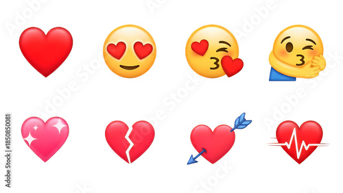 Collection of heart and love emojis on a black background for social media and communication