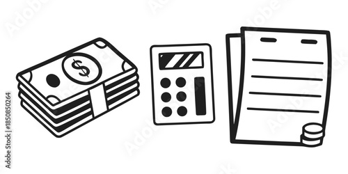 A stack of money, a calculator, and a paper with coins are depicted in a simple, hand-drawn illustration representing financial concepts.