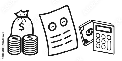 A stylized illustration of a money bag with coins, a document, banknotes, and a calculator, representing financial concepts and business.