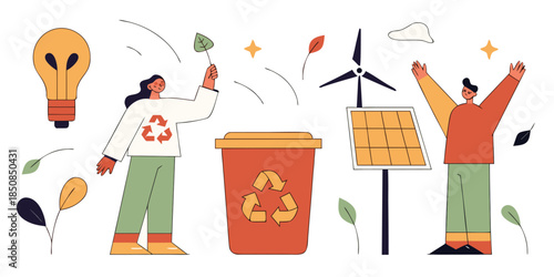 Two people engage with renewable energy sources and recycling, symbolizing environmental awareness and sustainability.