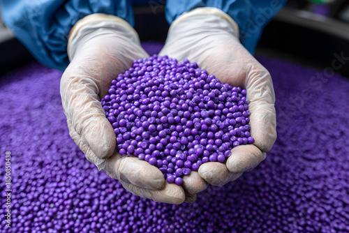 A worker's gloved hands meticulously hold a vibrant heap of purple plastic pellets, showcasing raw material quality within a manufacturing environment.