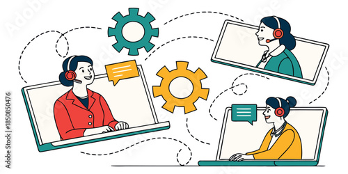 Three people wearing headsets are shown on separate computer screens, engaged in communication, with gears symbolizing teamwork and collaboration.