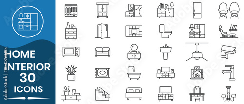 Home interior furniture decorative icon vector set. Home decoration, interior design, closet, chair, mattress, kitchen, bedroom, sofa table and more. Vector illustration.
