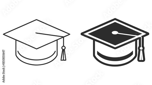 Graduation mortarboard hat icons set with outline and solid black styles in vector format
