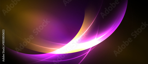 Abstract design features flowing curves, vibrant colors. Purple, orange, yellow hues create dynamic visual effect. Smooth gradients dominate composition.