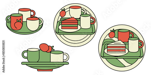 Three simple illustrations of trays with cups and cake, depicting a light meal or snack.