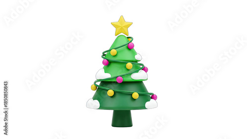 3D Christmas Tree Decorated with Lights on White Background